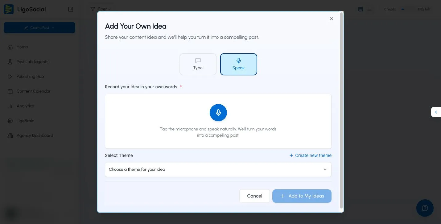 Add Your Own Idea dialog in Speak mode with the microphone button