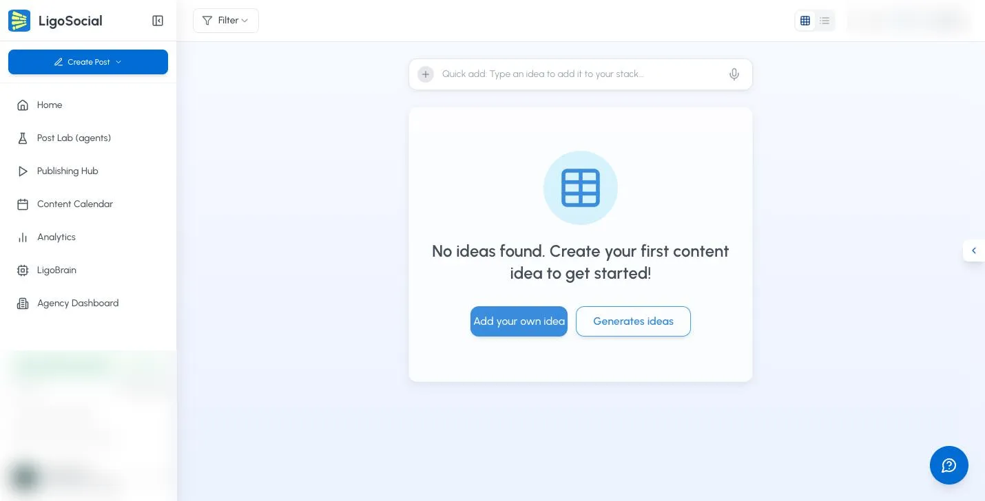 Post Ideas page with the Quick add bar and microphone at the top