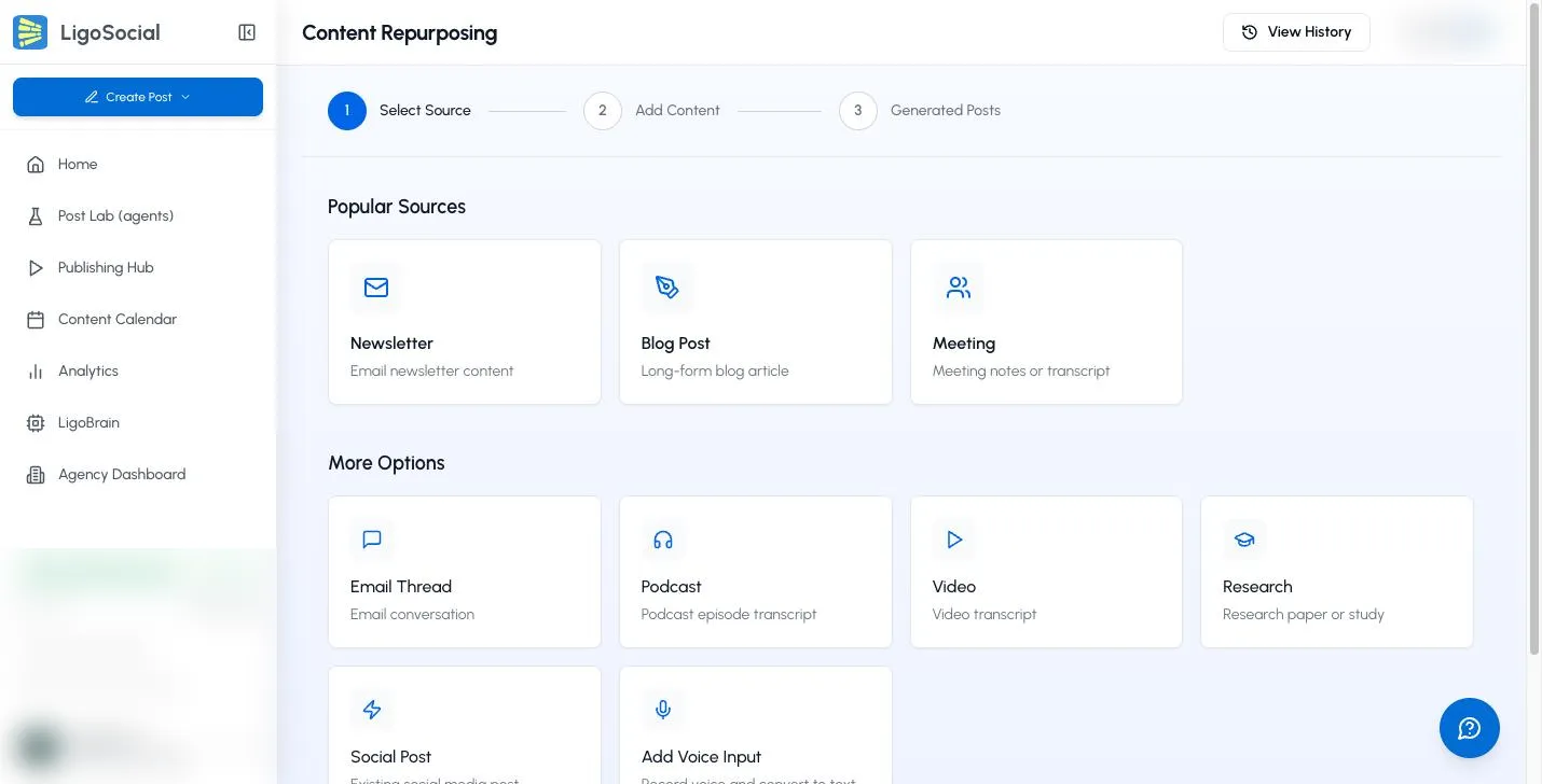 Content Repurposing page, step 1 Select Source, with Popular Sources and More Options