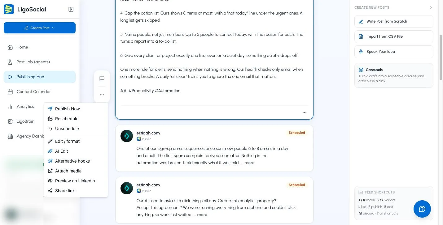 The More actions menu on a post card, showing Publish Now, Reschedule, Unschedule, Edit / format, AI Edit, Alternative hooks, Attach media, Preview on LinkedIn and Share link