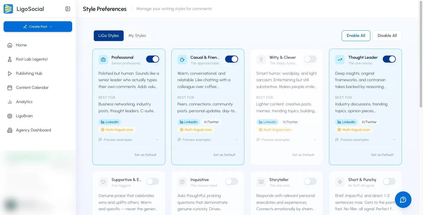 Style Preferences page on the LiGo Styles tab, with style cards, on/off switches, Enable All and Disable All