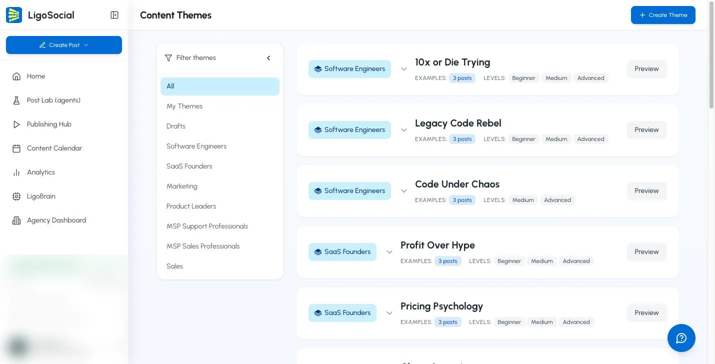 Content Themes page with the Filter themes panel and Create Theme button