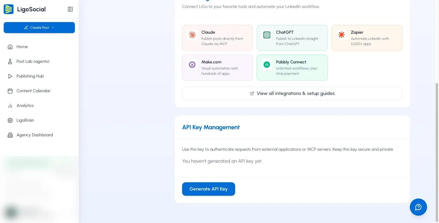 API Key Management card in Settings, Integrations, with the Generate API Key button