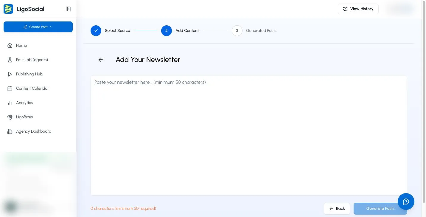 Add Content step with an empty text box, the 50 character minimum and the Generate Posts button