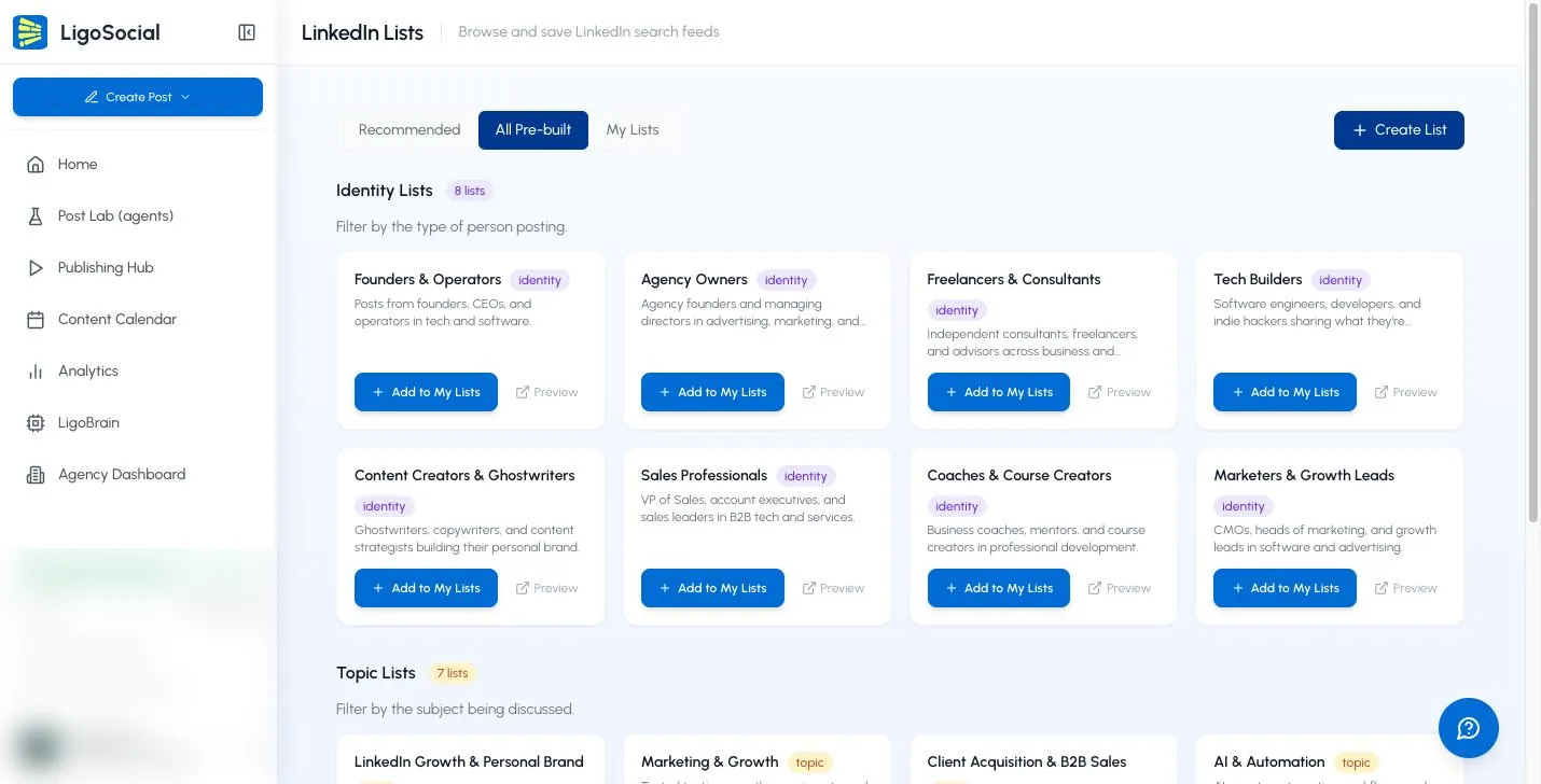 All Pre-built tab showing the Identity Lists group with eight list cards