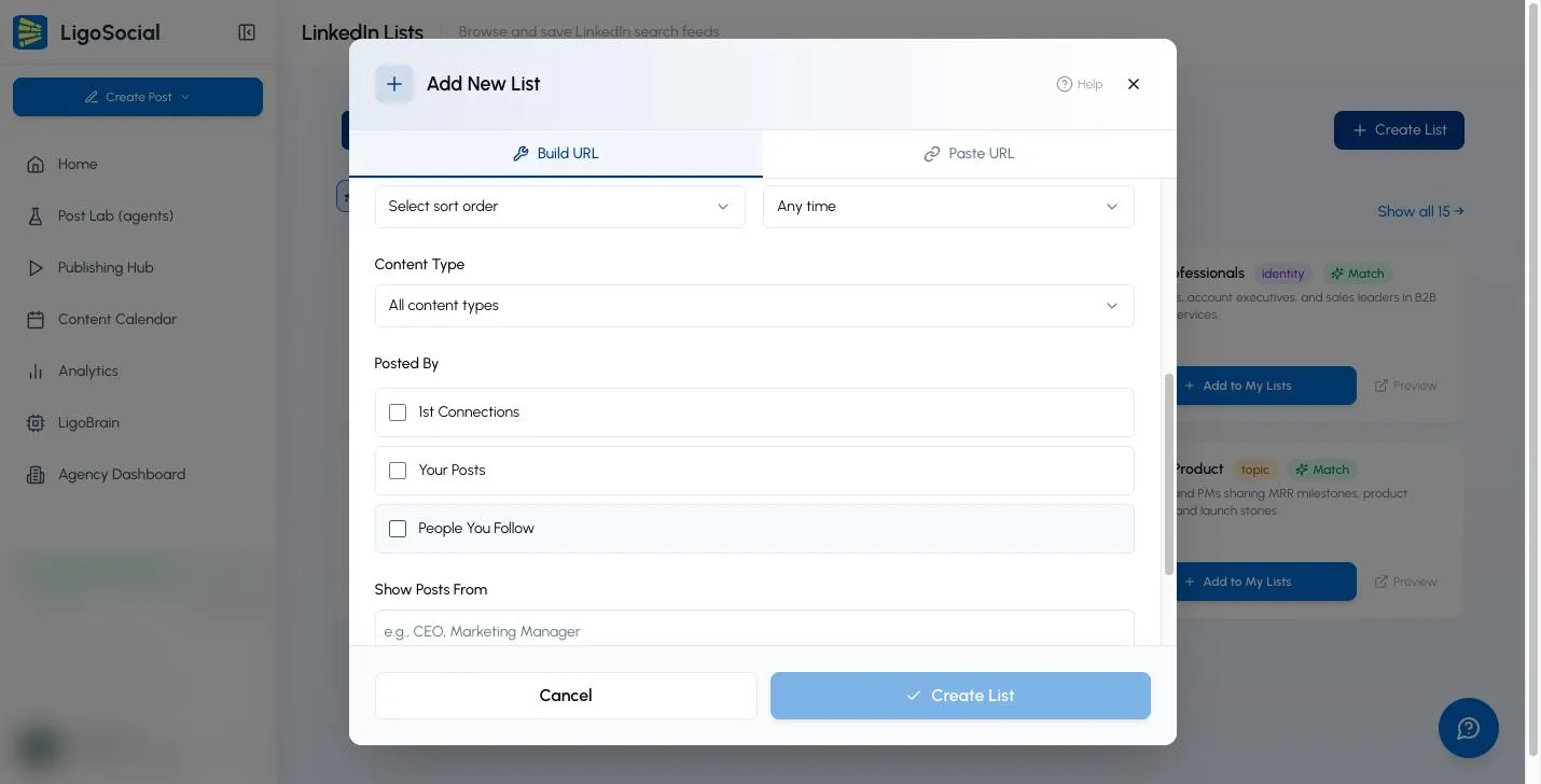 Advanced Filters expanded, showing Sort By, Date Posted, Content Type, Posted By checkboxes and Show Posts From