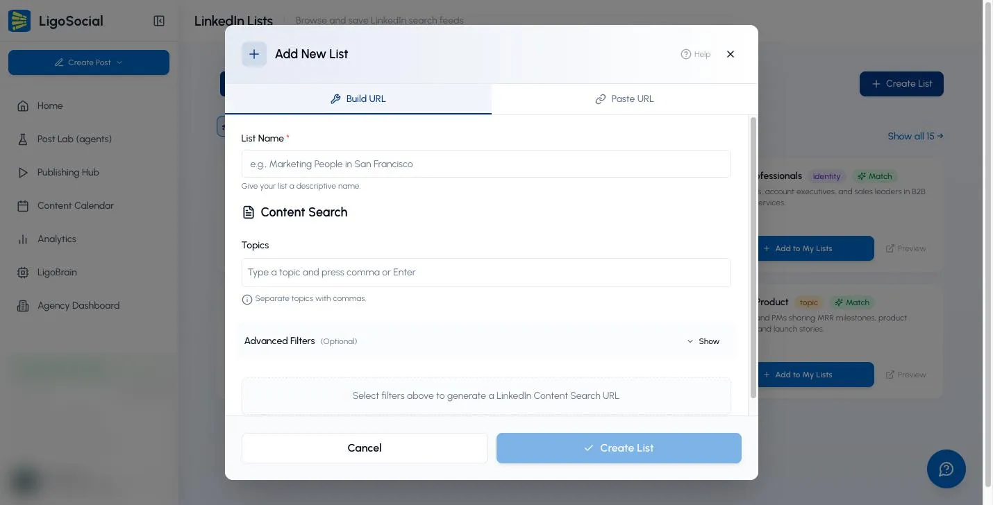 Add New List window on the Build URL tab with List Name, Topics and Advanced Filters