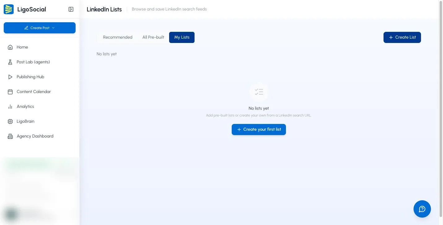 My Lists tab in its empty state with the Create your first list button