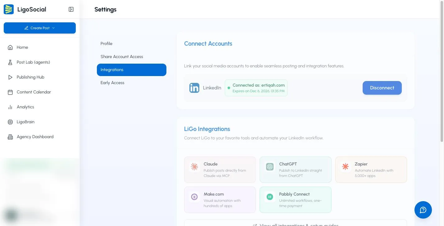 Settings, Integrations, with Connect Accounts and the LiGo Integrations tiles including Make.com