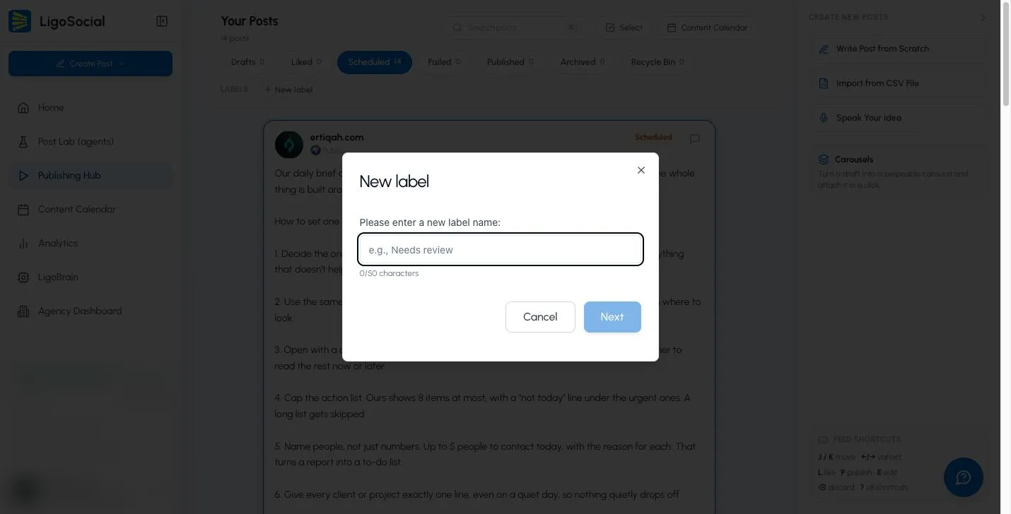 New label dialog asking for a label name