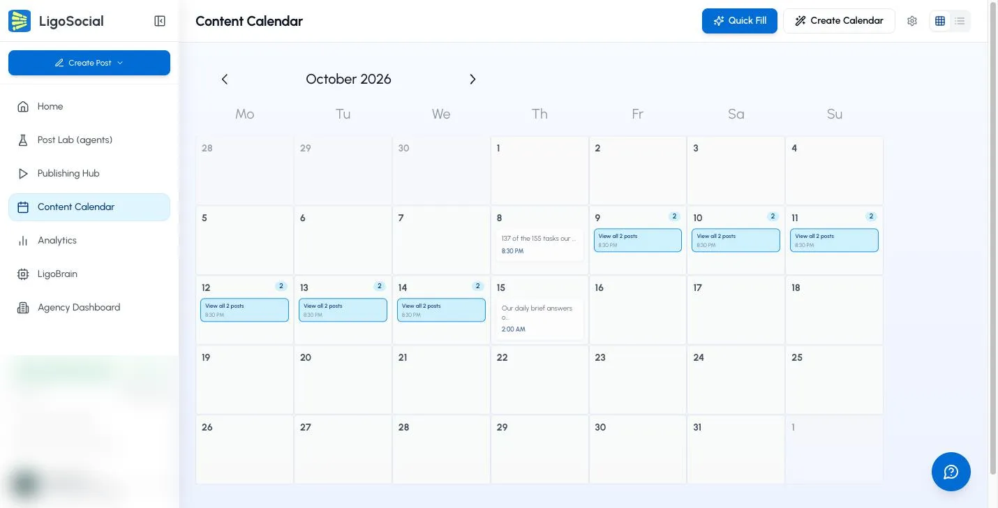 Content Calendar month view with Quick Fill, Create Calendar, the settings gear and view toggle