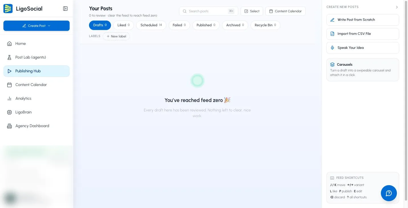 Publishing Hub with the Carousels card in the Create New Posts panel on the right