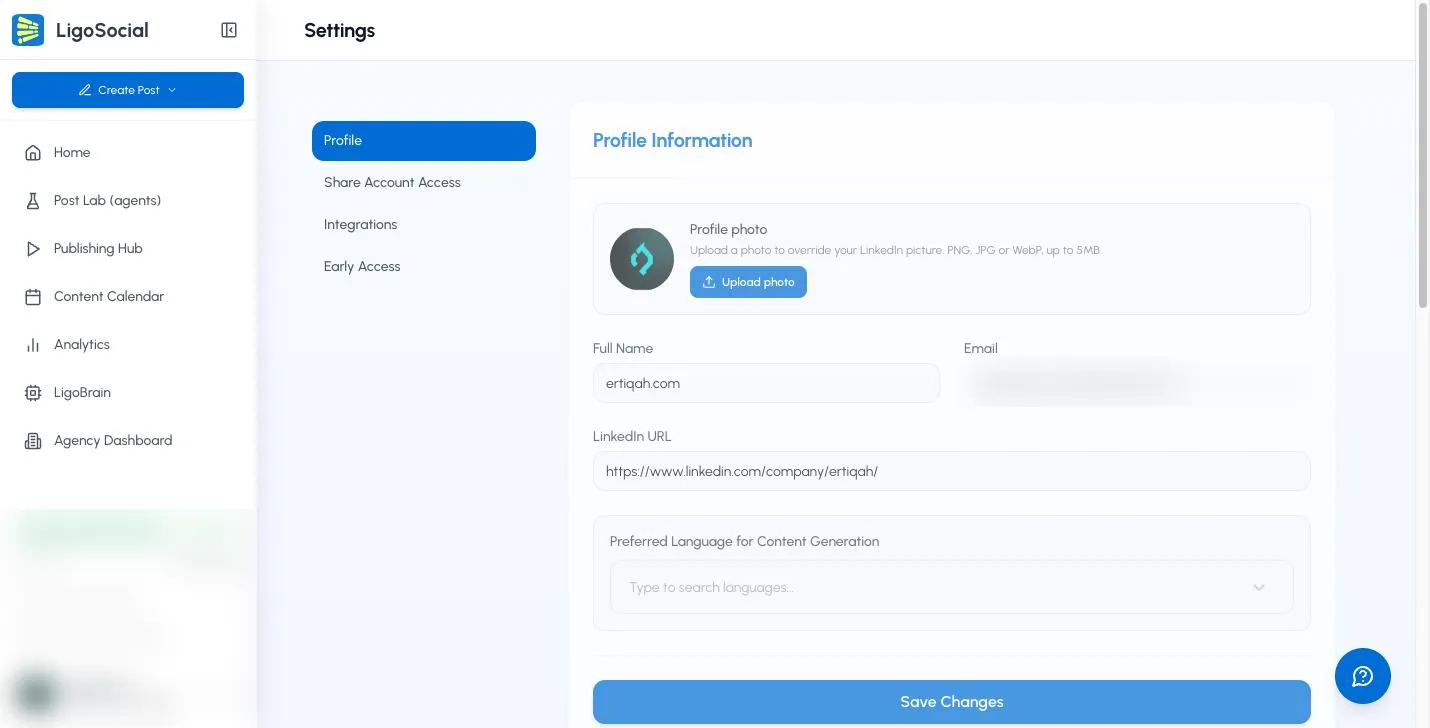 Settings Profile tab with a company page URL in the LinkedIn URL field