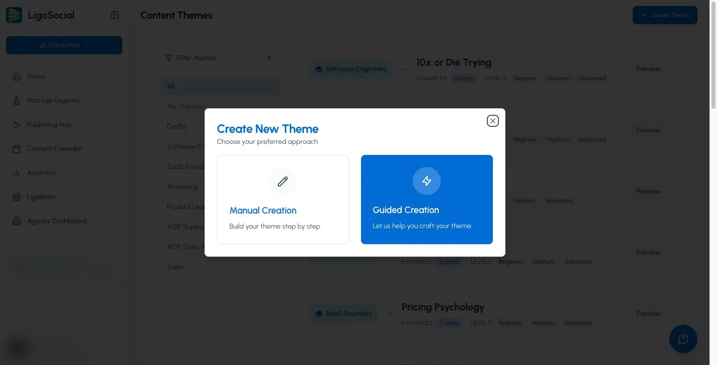Create New Theme dialog with Manual Creation and Guided Creation options