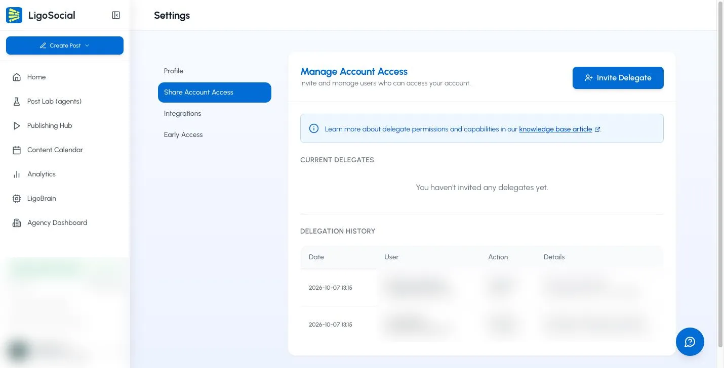Settings with Share Account Access selected, showing the Manage Account Access card and the Invite Delegate button